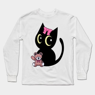 Cute black cat holds a teddy bear Long Sleeve T-Shirt